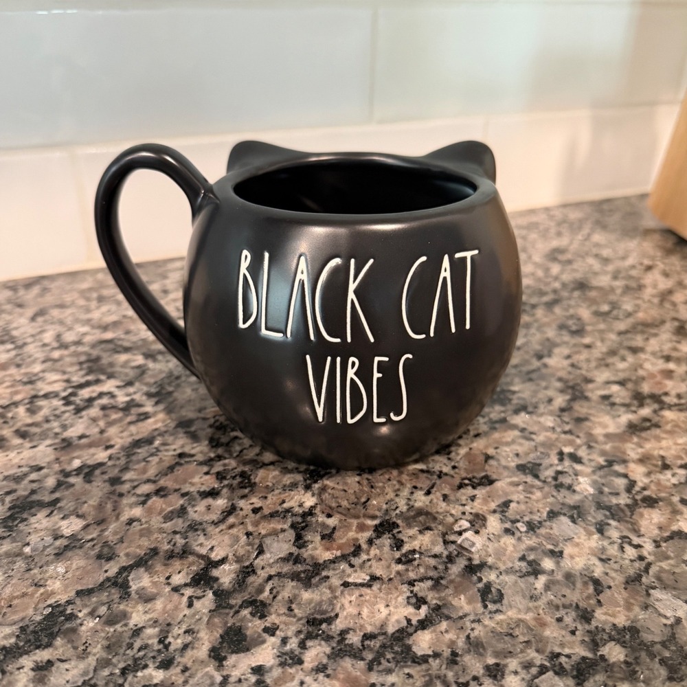 Rae Dunn Black Cat Vibes Mug Matte Ceramic Sculpted Face Halloween oversized